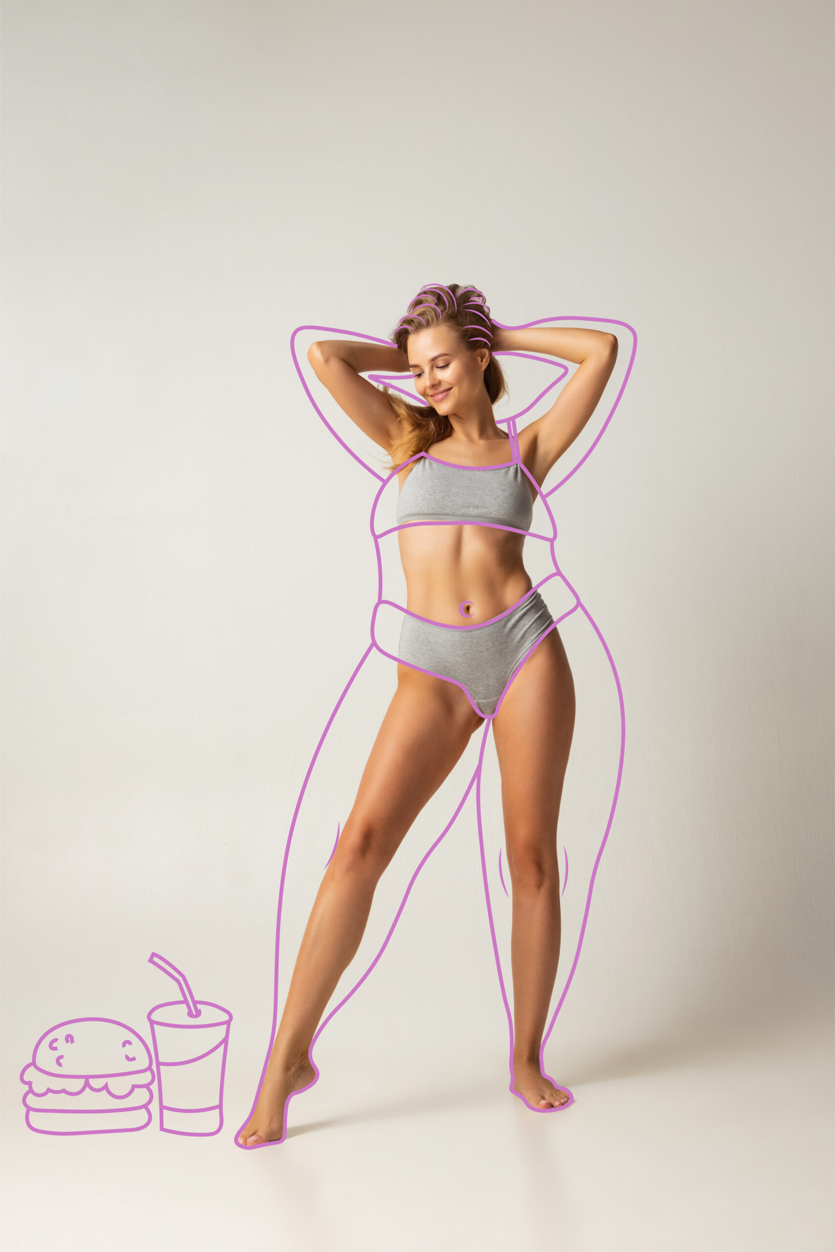 Young beautiful woman with perfect body shape in underwear isolated over gray background. Doodles of junk food and overweight lines around body. Concept of healthy eating, dieting, weight, fitness, ad